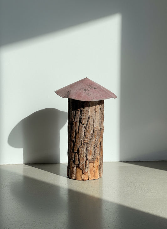 Bark-log mushroom sculpture with a curved metal cap, handcrafted from natural wood and aged metal for rustic folk art garden or home décor — Hommes and Gardens, Home Decor Collection, landscape design, plant design, Landscape Architect, Interior Designer, Outdoor Living, Outdoor Decorations, Home Design, Luxury Design, Art, Furniture, Objects, Best Gifts, Nature, Backyard, Yard.