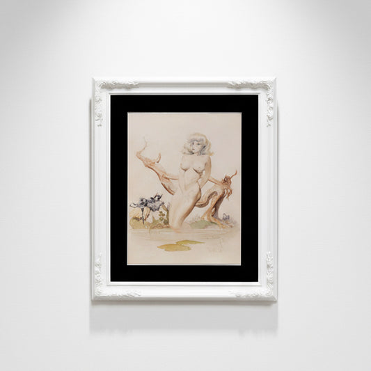 Vintage “Bathing Girl” print by Frank Frazetta featuring soft blues and greens, a captivating lithograph showcasing the artist’s mastery of light, shadow, and sensual form — Hommes and Gardens, Wallscape Collection, Home Decor, Outdoor Decorations, Landscape Architect, Interior Designer, Outdoor Living, Home Design, Luxury Design, Art, Furniture, Objects, Best Gifts, Nature, Backyard, Yard.