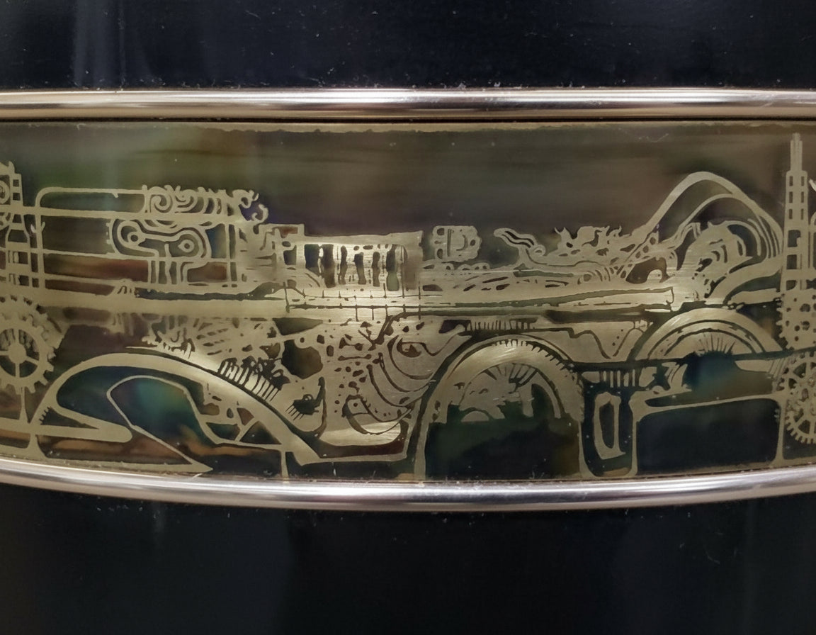 Close-up of Bernhard Rohne for Mastercraft trefoil table showing etched brass motifs and glossy black lacquer finish — Hommes and Gardens, Home Decor Collection, Furniture, landscape design, plant design, Landscape Architect, Interior Designer, Outdoor Living, Outdoor Decorations, Home Design, Luxury Design, Art, Furniture, Objects, Best Gifts, Nature, Backyard, Yard.