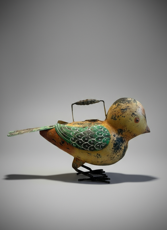 Whimsical vintage hand-painted metal bird watering can in ochre yellow and terracotta tones, full view — Hommes and Gardens, Home Decor Collection, landscape design, plant design, Landscape Architect, Interior Designer, Outdoor Living, Outdoor Decorations, Home Design, Luxury Design, Art, Furniture, Objects, Best Gifts, Nature, Backyard, Yard.