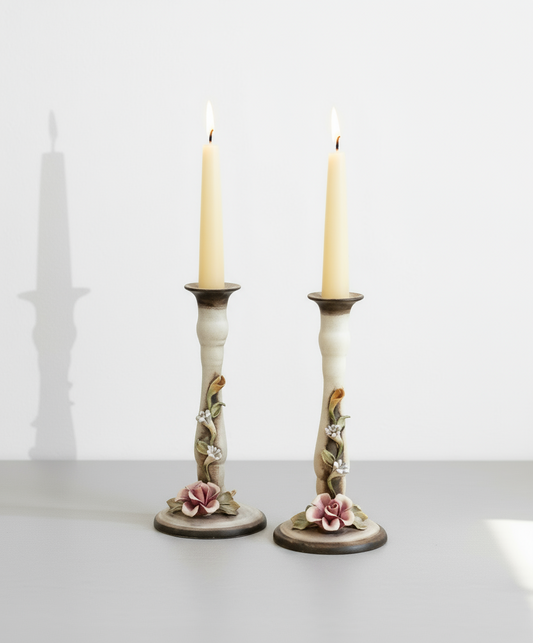 Pair of ceramic candlesticks with delicate floral decoration and smooth glazed finish, perfect for elegant dining or mantel styling — Hommes and Gardens, Smoke + Fire Collection, Candle Holders, Home Decor, Decorative Objects, Classic Interior Design.