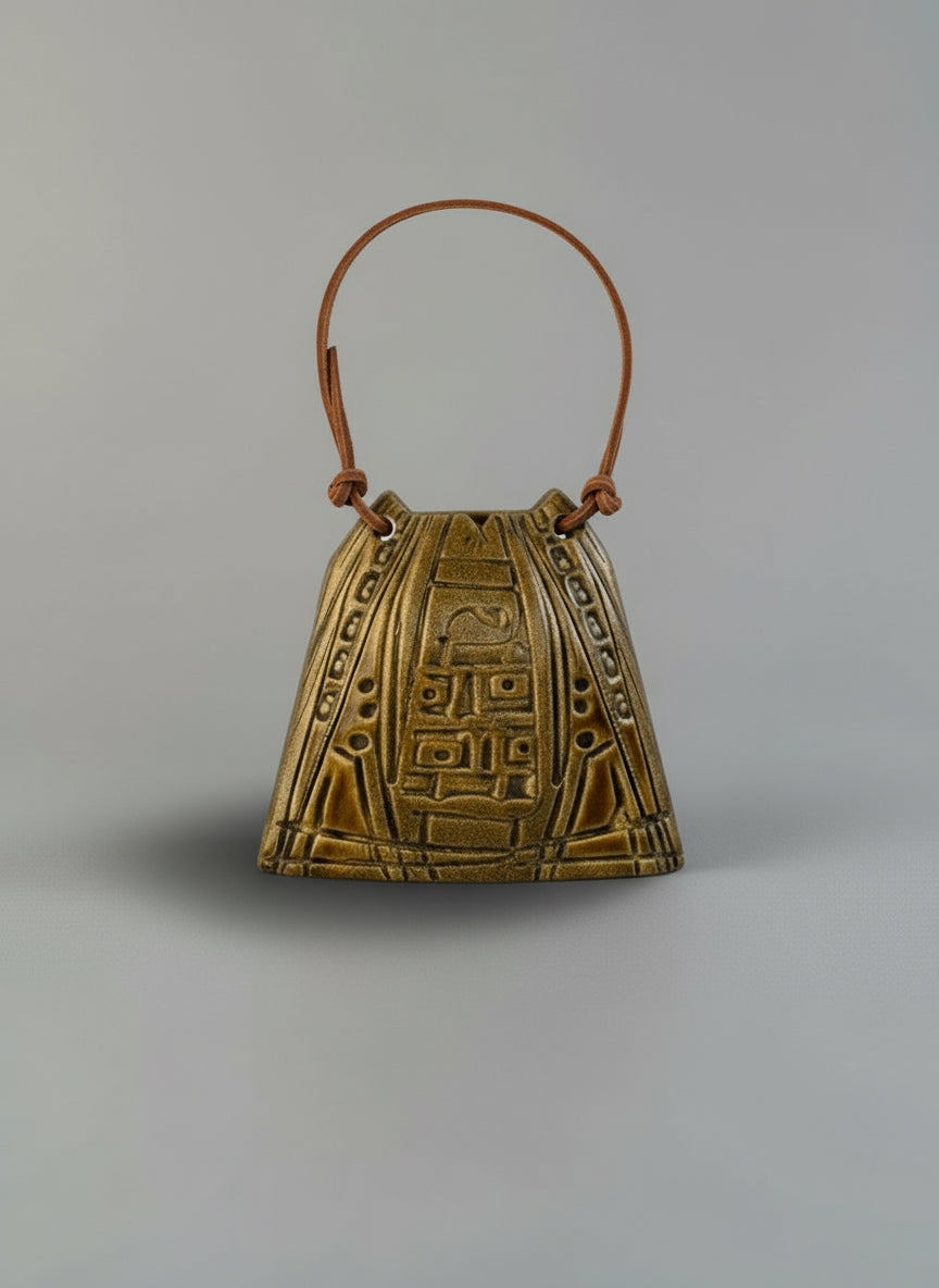 Standalone view of ceramic handbag wall sculpture with tribal textured glaze and leather strap, decorative mixed media art — Hommes and Gardens, Pots and Vessels Collection, Wallscape, landscape design, plant design, Landscape Architect, Interior Designer, Outdoor Living, Outdoor Decorations, Home Design, Luxury Design, Art, Furniture, Objects, Best Gifts, Nature, Backyard, Yard.