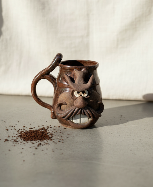 Cowboy Western face mug signed by Robert Eakin, a whimsical hand-sculpted pottery piece blending functional drinkware with collectible Western art — Hommes and Gardens, Home Decor Collection, Outdoor Decorations, Landscape Architect, Interior Designer, Outdoor Living, Home Design, Luxury Design, Art, Furniture, Objects, Best Gifts, Nature, Backyard, Yard.