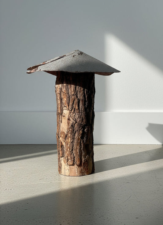 Dark-metal-cap mushroom sculpture handcrafted from a bark-covered log stem with natural texture and aged patina, featuring rustic primitive folk art craftsmanship — Hommes and Gardens, Home Decor Collection, landscape design, plant design, Landscape Architect, Interior Designer, Outdoor Living, Outdoor Decorations, Home Design, Luxury Design, Art, Furniture, Objects, Best Gifts, Nature, Backyard, Yard.