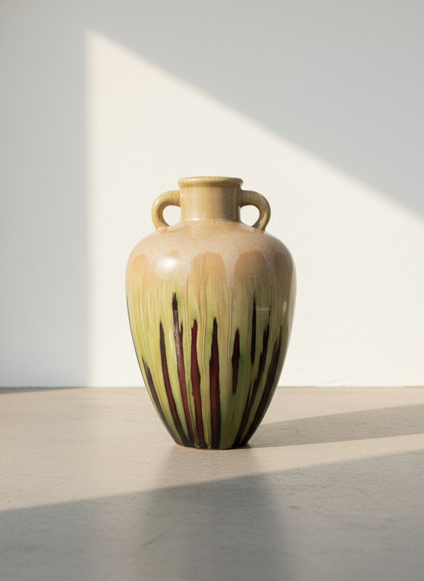 Drip glaze ceramic urn with round base and thin neck, shimmering in gold and red wine hues for an elegant artistic finish — Hommes and Gardens, Pots + Vessels Collection, Landscape Architect, Interior Designer, Outdoor Living, Outdoor Decorations, Home Decor, Home Design, Luxury Design, Art, Furniture, Objects, Best Gifts, Nature, Backyard, Yard.