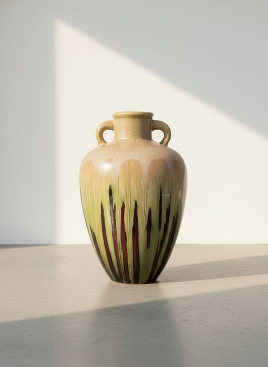 Drip glaze ceramic urn with round base and thin neck, shimmering in gold and red wine hues for an elegant artistic finish — Hommes and Gardens, Pots + Vessels Collection, Landscape Architect, Interior Designer, Outdoor Living, Outdoor Decorations, Home Decor, Home Design, Luxury Design, Art, Furniture, Objects, Best Gifts, Nature, Backyard, Yard.