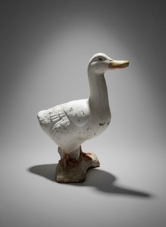 Vintage handcrafted concrete duck garden sculpture with patinated finish, perfect for rustic outdoor decor or farmhouse interiors — Hommes and Gardens, Home Decor Collection, landscape design, plant design, Landscape Architect, Interior Designer, Outdoor Living, Outdoor Decorations, Home Design, Luxury Design, Art, Furniture, Objects, Best Gifts, Nature, Backyard, Yard.