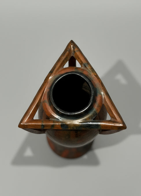 Rare vintage French Art Nouveau pottery vase with sculptural triangular handles and rich brown orange drip glaze, handmade collectible ceramic — Hommes and Gardens, Home Decor Collection, landscape design, plant design, Landscape Architect, Interior Designer, Outdoor Living, Outdoor Decorations, Home Design, Luxury Design, Art, Furniture, Objects, Best Gifts, Nature, Backyard, Yard.