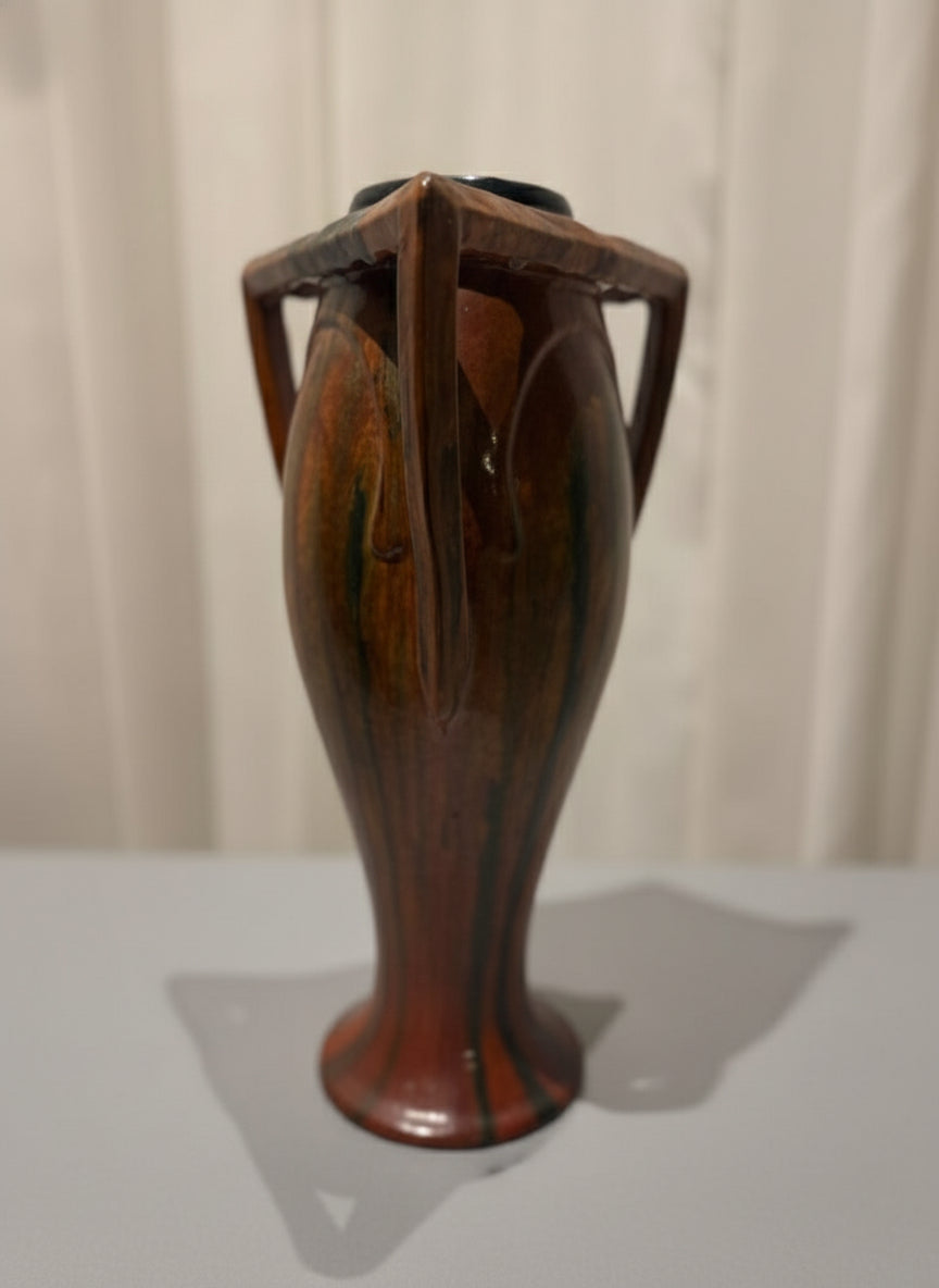 Rare vintage French Art Nouveau pottery vase with sculptural triangular handles and rich brown orange drip glaze, handmade collectible ceramic — Hommes and Gardens, Home Decor Collection, landscape design, plant design, Landscape Architect, Interior Designer, Outdoor Living, Outdoor Decorations, Home Design, Luxury Design, Art, Furniture, Objects, Best Gifts, Nature, Backyard, Yard.