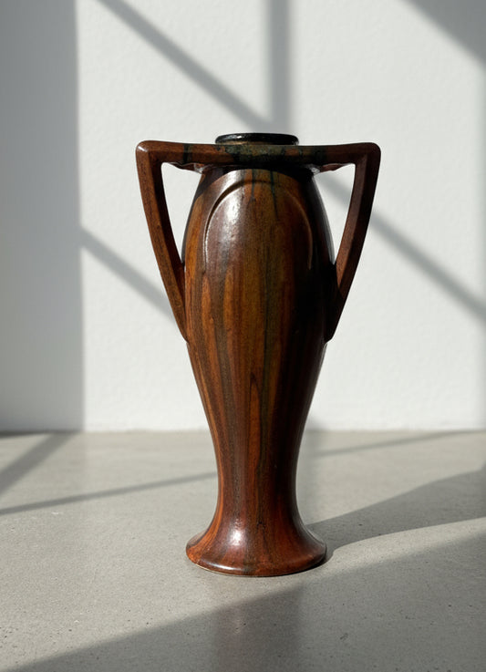 Rare vintage French Art Nouveau pottery vase with sculptural triangular handles and rich brown orange drip glaze, handmade collectible ceramic — Hommes and Gardens, Home Decor Collection, landscape design, plant design, Landscape Architect, Interior Designer, Outdoor Living, Outdoor Decorations, Home Design, Luxury Design, Art, Furniture, Objects, Best Gifts, Nature, Backyard, Yard.