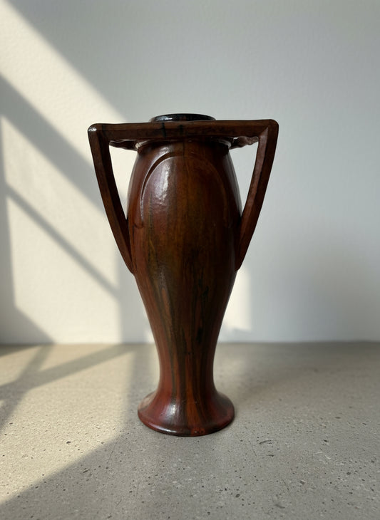 Rare vintage French Art Nouveau pottery vase with sculptural triangular handles and flowing drip glaze in earthy brown and green tones, handmade collectible decorative object — Hommes and Gardens, Home Decor Collection, Antiques & Collectibles, Decorative Objects, Vases, landscape design, plant design, Landscape Architect, Interior Designer, Outdoor Living, Outdoor Decorations, Home Design, Luxury Design, Art, Furniture, Objects, Best Gifts, Nature, Backyard, Yard.