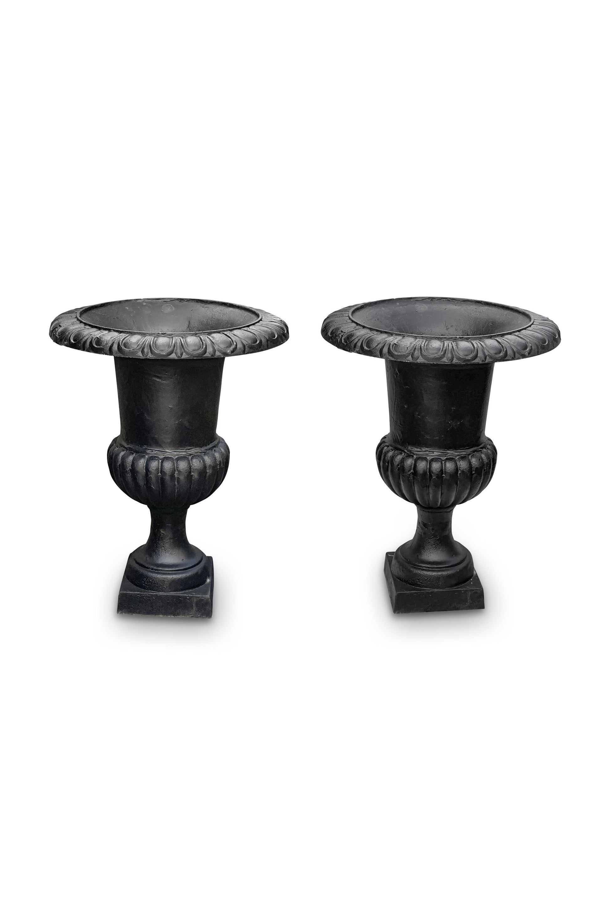 Pair of 29-inch French cast iron urn planters in black with antique patina, featuring neoclassical design ideal for elegant gardens or interiors — Hommes and Gardens, Pots + Vessels Collection, Outdoor Decor, Vintage Planters, Classic French Style, Luxury Landscape Design.
