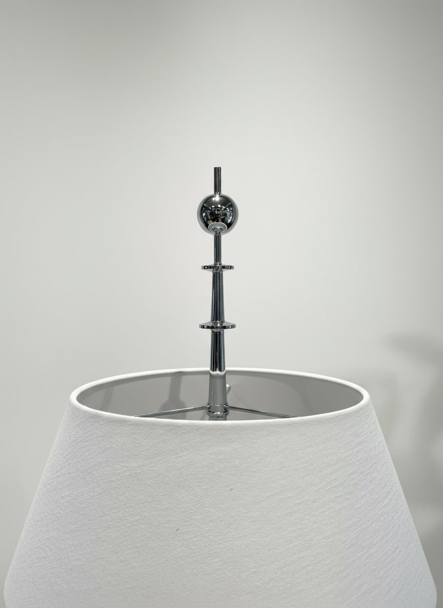 Close-up of Global Views stainless steel floor lamp showing polished finish, dual socket fixture, and white fabric shade — Hommes and Gardens, Home Decor Collection, Lighting, landscape design, plant design, Landscape Architect, Interior Designer, Outdoor Living, Outdoor Decorations, Home Design, Luxury Design, Art, Furniture, Objects, Best Gifts, Nature, Backyard, Yard.