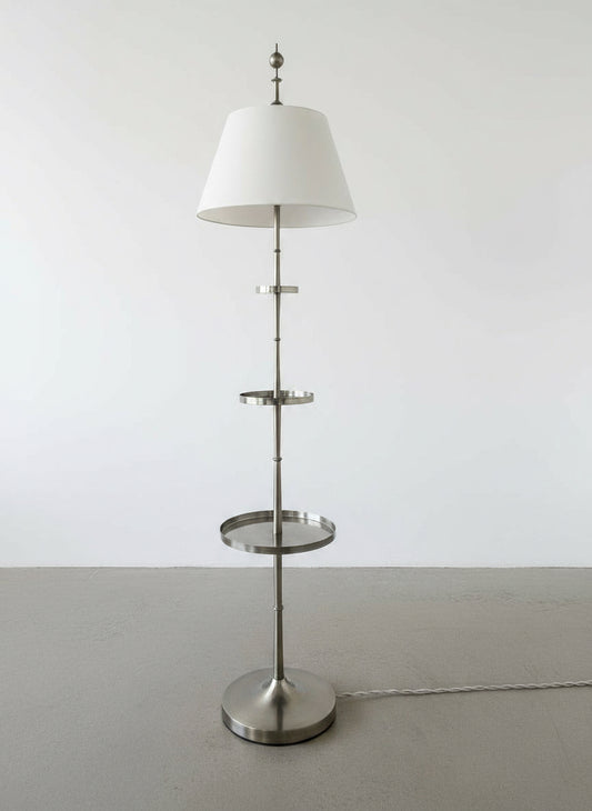 Vintage Global Views stainless steel multi-tier floor lamp with white shade and circular base, industrial modern design — Hommes and Gardens, Home Decor Collection, Lighting, landscape design, plant design, Landscape Architect, Interior Designer, Outdoor Living, Outdoor Decorations, Home Design, Luxury Design, Art, Furniture, Objects, Best Gifts, Nature, Backyard, Yard.