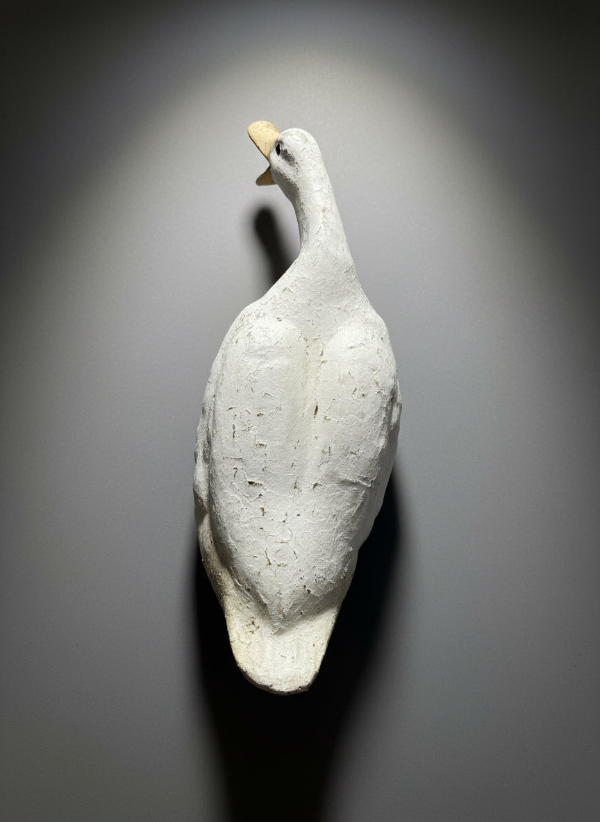 Rear view of vintage concrete goose doorstop sculpture with weathered patina and folk art hand-painted finish - Hommes and Gardens, Home Decor Collection, landscape design, plant design, Landscape Architect, Interior Designer, Outdoor Living, Outdoor Decorations, Home Design, Luxury Design, Art, Furniture, Objects, Best Gifts, Nature, Backyard, Yard.