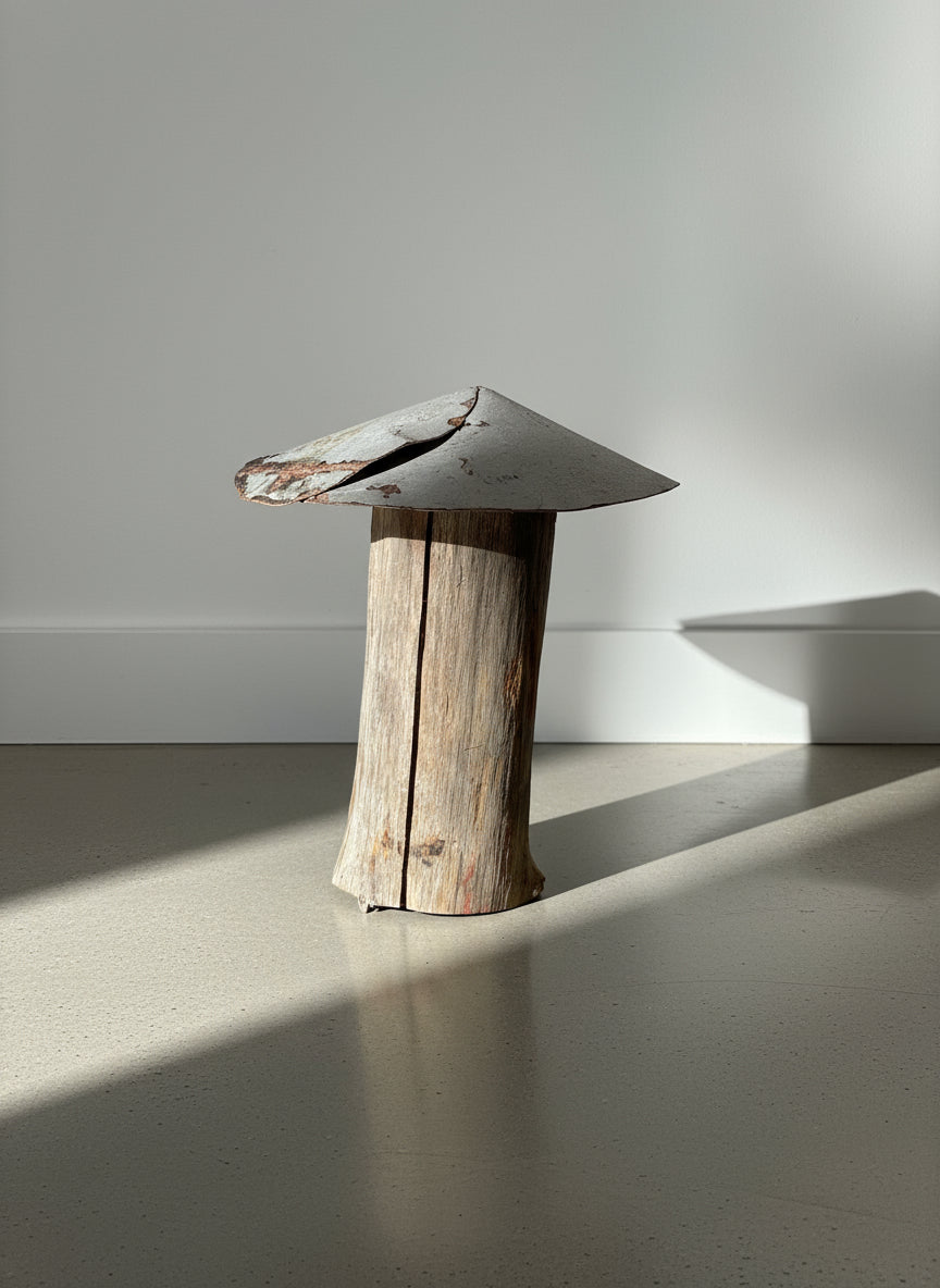 Gray-metal-cap mushroom sculpture handcrafted from a weathered log stem with cracks and patina, featuring rustic primitive folk art style and reclaimed handmade charm — Hommes and Gardens, Home Decor Collection, landscape design, plant design, Landscape Architect, Interior Designer, Outdoor Living, Outdoor Decorations, Home Design, Luxury Design, Art, Furniture, Objects, Best Gifts, Nature, Backyard, Yard.
