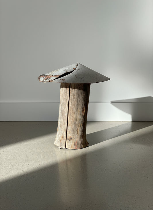 Gray-metal-cap mushroom sculpture handcrafted from a weathered log stem with cracks and patina, featuring rustic primitive folk art style and reclaimed handmade charm — Hommes and Gardens, Home Decor Collection, landscape design, plant design, Landscape Architect, Interior Designer, Outdoor Living, Outdoor Decorations, Home Design, Luxury Design, Art, Furniture, Objects, Best Gifts, Nature, Backyard, Yard.
