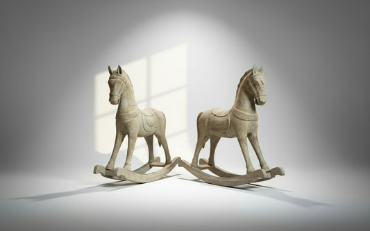 Antique hand-carved wooden rocking horses, rustic folk art pair in natural distressed finish with whitewashed patina, front view — Hommes and Gardens, Home Decor Collection, landscape design, plant design, Landscape Architect, Interior Designer, Outdoor Living, Outdoor Decorations, Home Design, Luxury Design, Art, Furniture, Objects, Best Gifts, Nature, Backyard, Yard.