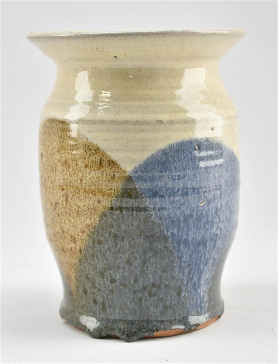 Handcrafted studio pottery vase with serene blue and beige glaze, signed by artist, perfect for artistic modern interiors — Hommes and Gardens, Vases + Vessels Collection, home decor, outdoor decorations, home design, luxury design, Landscape Architect, Interior Designer, Outdoor Living, Art, Furniture, Objects, Best Gifts, Nature, Backyard, Yard.