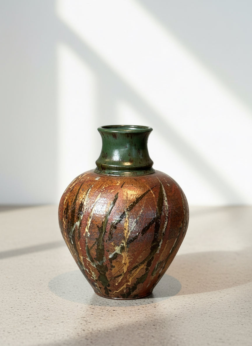 Signed handcrafted stoneware vase with rich earthy glaze in brown, rust, and green tones, showcasing organic painterly design, front view — Hommes and Gardens, Home Decor Collection, landscape design, plant design, Landscape Architect, Interior Designer, Outdoor Living, Outdoor Decorations, Home Design, Luxury Design, Art, Furniture, Objects, Best Gifts, Nature, Backyard, Yard.