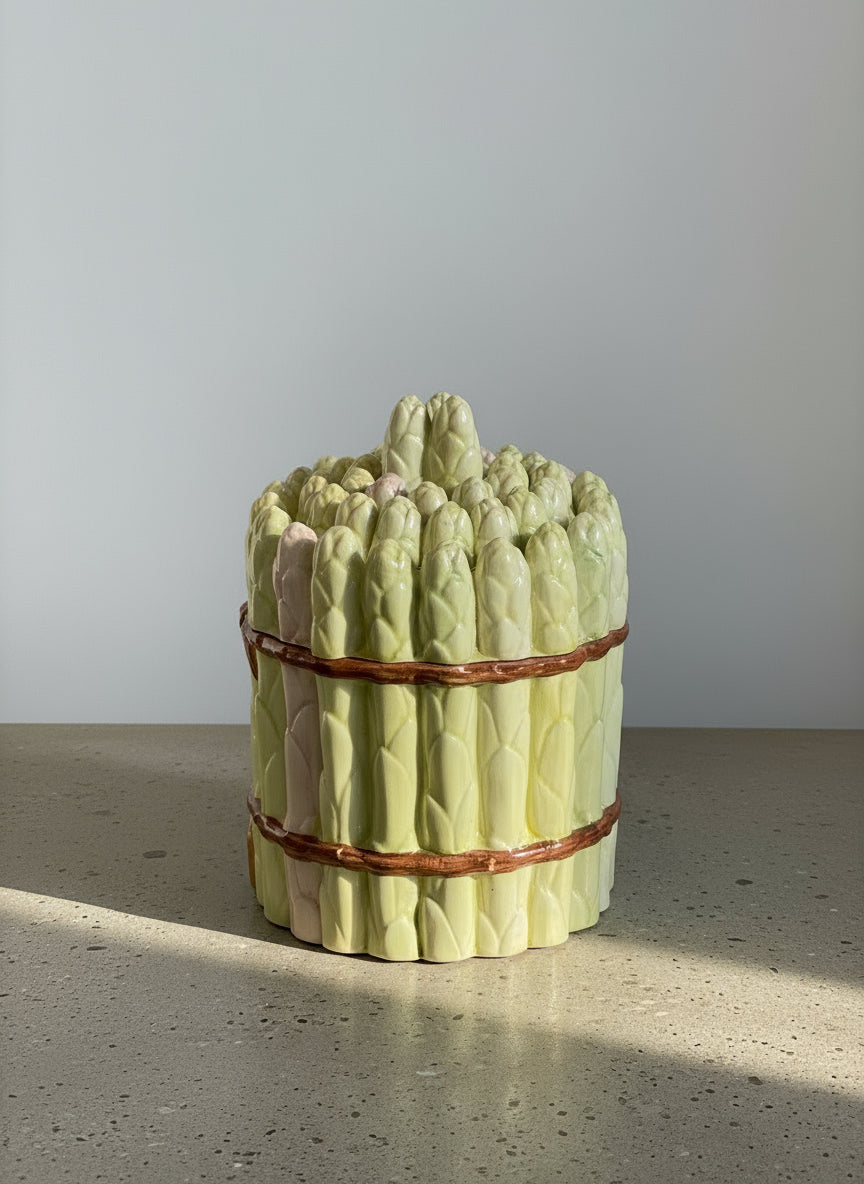Vintage Italian Majolica asparagus bundle lidded jar, hand-painted ceramic with green and pink detailing — Hommes and Gardens, Home Decor Collection, landscape design, plant design, Landscape Architect, Interior Designer, Outdoor Living, Outdoor Decorations, Home Design, Luxury Design, Art, Furniture, Objects, Best Gifts, Nature, Backyard, Yard.