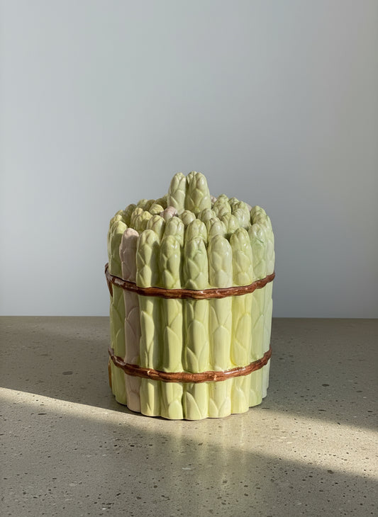 Vintage Italian Majolica asparagus bundle lidded jar, hand-painted ceramic with green and pink detailing — Hommes and Gardens, Home Decor Collection, landscape design, plant design, Landscape Architect, Interior Designer, Outdoor Living, Outdoor Decorations, Home Design, Luxury Design, Art, Furniture, Objects, Best Gifts, Nature, Backyard, Yard.