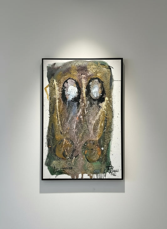 Len Aaron original mixed media abstract painting titled “Two Warriors,” large signed canvas artwork with earthy tones — Hommes and Gardens, Objects Collection, Home Decor, Wallscape, landscape design, plant design, Landscape Architect, Interior Designer, Outdoor Living, Outdoor Decorations, Home Design, Luxury Design, Art, Furniture, Objects, Best Gifts, Nature, Backyard, Yard.