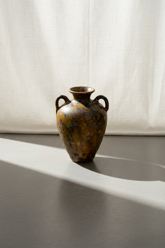Marble-inspired handled vintage brown urn vase with mottled earth tone glaze, signed decorative ceramic piece exuding rustic charm and elegance — Hommes and Gardens, Pots & Vessels Collection, Home Decor, Outdoor Decorations, Landscape Architect, Interior Designer, Outdoor Living, Home Design, Luxury Design, Art, Furniture, Objects, Best Gifts, Nature, Backyard, Yard.
