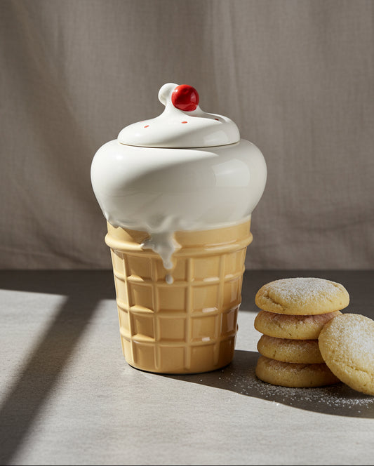 Charming vintage McCoy pottery ice cream cone cookie jar, whimsical ceramic collectible with textured cone design — Hommes and Gardens, Home Decor Collection, Cookie Jars, Ceramic Pottery, Vintage Kitchen Decor, Retro Collectibles, American Pottery Art.