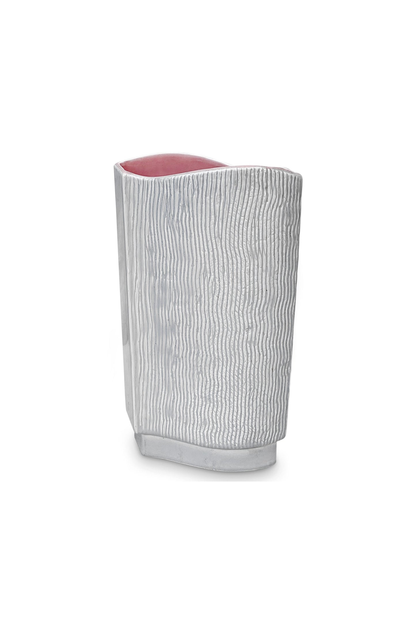 Mid-century modern Redwing pottery vase in grey with striped design and pink interior, a striking vintage art piece — Hommes and Gardens, Objects & Pots + Vessels Collection, Home Decor, Outdoor Decorations, Landscape Architect, Interior Designer, Outdoor Living, Home Design, Luxury Design, Art, Furniture, Objects, Best Gifts, Nature, Backyard, Yard.