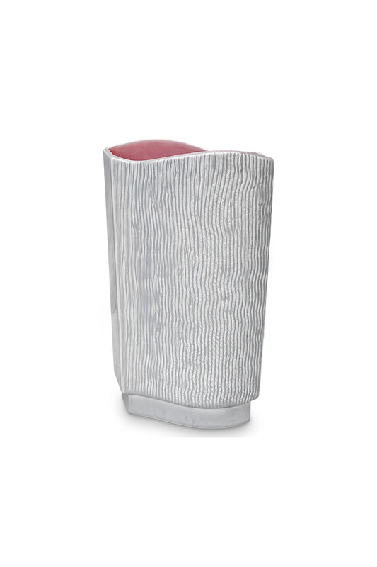 Mid-century modern Redwing pottery vase in grey with striped design and pink interior, a striking vintage art piece — Hommes and Gardens, Objects & Pots + Vessels Collection, Home Decor, Outdoor Decorations, Landscape Architect, Interior Designer, Outdoor Living, Home Design, Luxury Design, Art, Furniture, Objects, Best Gifts, Nature, Backyard, Yard.