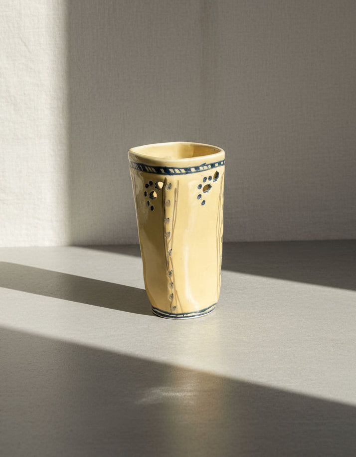 Mid-century painted pottery vase signed by Balliet, featuring hand-painted yellow accents and timeless vintage artistry — Hommes and Gardens, Home Decor Collection, Outdoor Decorations, Landscape Architect, Interior Designer, Outdoor Living, Home Design, Luxury Design, Art, Furniture, Objects, Best Gifts, Nature, Backyard, Yard.