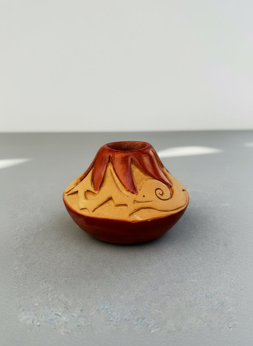 Miniature hand-carved ceramic vase by Pu Wen Tsay featuring organic motifs and terracotta glaze over tan clay, signed studio pottery artwork — Hommes and Gardens, Home Decor Collection, landscape design, plant design, Landscape Architect, Interior Designer, Outdoor Living, Outdoor Decorations, Home Design, Luxury Design, Art, Furniture, Objects, Best Gifts, Nature, Backyard, Yard.