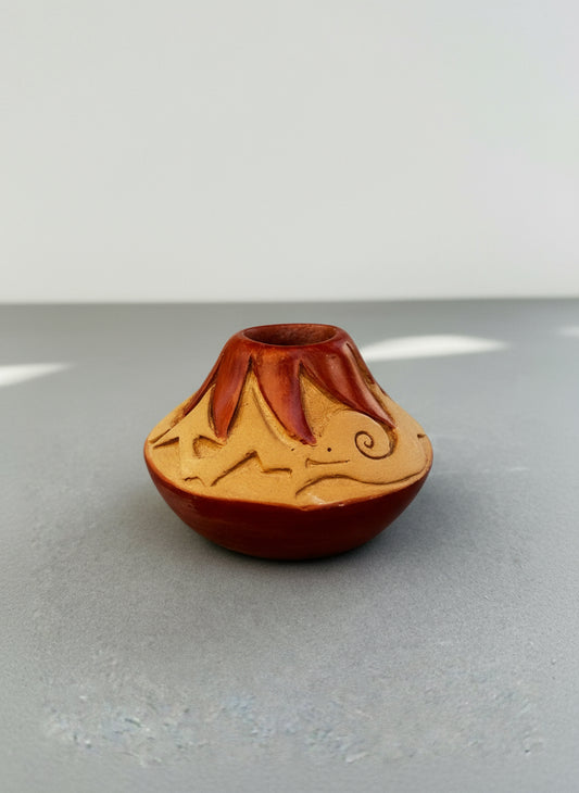 Miniature hand-carved ceramic vase by Pu Wen Tsay featuring organic motifs and terracotta glaze over tan clay, signed studio pottery artwork — Hommes and Gardens, Home Decor Collection, landscape design, plant design, Landscape Architect, Interior Designer, Outdoor Living, Outdoor Decorations, Home Design, Luxury Design, Art, Furniture, Objects, Best Gifts, Nature, Backyard, Yard.