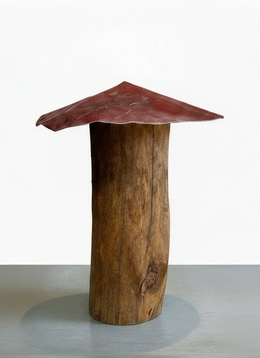 Mushroom folk art sculpture crafted from weathered wood and topped with a red metal roof, a rustic primitive design piece perfect for farmhouse and garden decor — Hommes and Gardens, Home Decor Collection, landscape design, plant design, Landscape Architect, Interior Designer, Outdoor Living, Outdoor Decorations, Home Design, Luxury Design, Art, Furniture, Objects, Best Gifts, Nature, Backyard, Yard