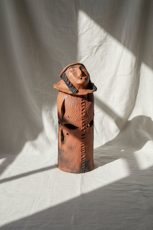 Native American Singing Indian incense smoker and tealight holder in terracotta, handcrafted figurative art piece — Hommes and Gardens, Candles Collection, Home Decor, Decorative Objects, Art Pottery, Gifts & Merch, landscape design, plant design, Landscape Architect, Interior Designer, Outdoor Living, Outdoor Decorations, Home Design, Luxury Design, Art, Furniture, Objects, Best Gifts, Nature, Backyard, Yard.