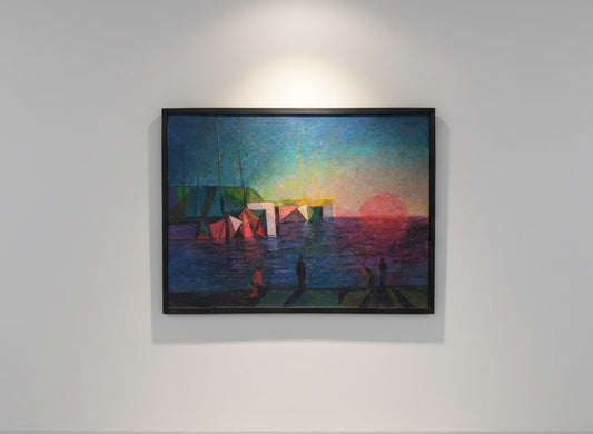 Unsigned oil painting on canvas believed to be by Constantine Cherkas, depicting a vivid nautical sunset seascape — Hommes and Gardens, Wallscape Collection, Paintings, Decorative Objects, Gifts & Merch, landscape design, plant design, Landscape Architect, Interior Designer, Outdoor Living, Outdoor Decorations, Home Design, Luxury Design, Art, Furniture, Objects, Best Gifts, Nature, Backyard, Yard.