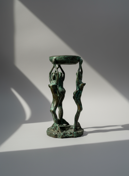 Vintage patina mermaid candle holders and incense burner set with detailed bronze finish, a rare collectible for artistic home styling — Hommes and Gardens, Smoke + Fire Collection, Home Decor, Candle Holders, Antique Design, Interior Styling, Whimsical Art.