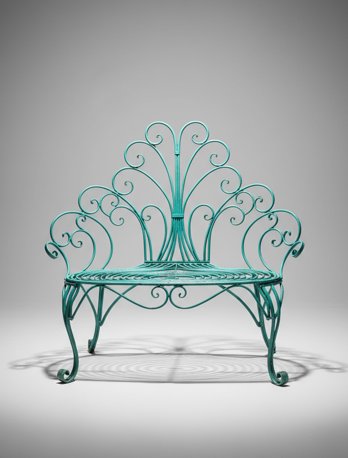 Whimsical vintage wrought iron peacock garden bench with ornate scrollwork and aged teal patina, sculptural outdoor seating design — Hommes and Gardens, Furniture Collection, landscape design, plant design, Landscape Architect, Interior Designer, Outdoor Living, Outdoor Decorations, Home Design, Luxury Design, Art, Furniture, Objects, Best Gifts, Nature, Backyard, Yard.