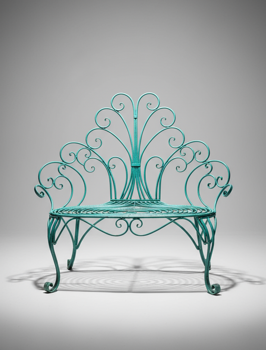 Whimsical vintage wrought iron peacock garden bench with ornate scrollwork and aged teal patina, sculptural outdoor seating design — Hommes and Gardens, Furniture Collection, landscape design, plant design, Landscape Architect, Interior Designer, Outdoor Living, Outdoor Decorations, Home Design, Luxury Design, Art, Furniture, Objects, Best Gifts, Nature, Backyard, Yard.