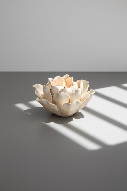 Elegant beige porcelain lotus tea light holder with floral petals, a serene home decor accent for tranquil ambiance — Hommes and Gardens, Smoke + Fire Collection, Candle Holders, Home Decor, Interior Design, Luxury Gifts, Wellness, Relaxation.