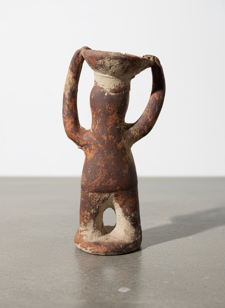 Back view of Pre-Columbian terracotta ritual figure showing hollowed base, raised arms, and weathered brown patina highlighting its handmade primitive character — Hommes and Gardens, Home Decor, landscape design, plant design, Landscape Architect, Interior Designer, Outdoor Living, Outdoor Decorations, Home Design, Luxury Design, Art, Furniture, Objects, Best Gifts, Nature, Backyard, Yard.