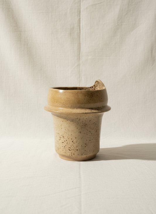 Quebec artisan stoneware pottery vase, signed and handcrafted in cream and brown speckled glaze, rustic yet elegant decor piece — Hommes and Gardens, Pots + Vessels Collection, Home Decor, Ceramic Art, Handcrafted Pottery, Vintage Vase, Artistic Interiors.