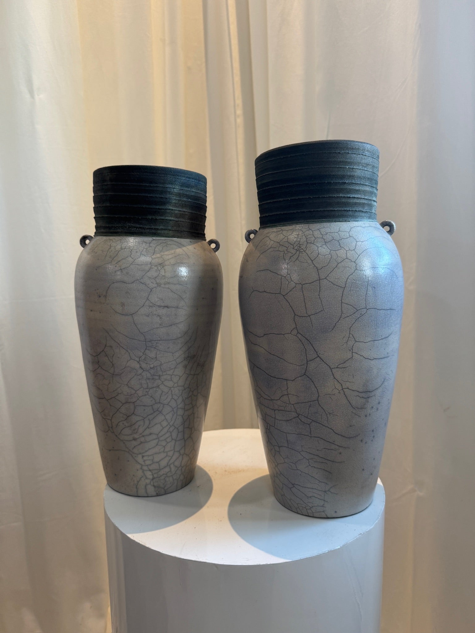 Raku handmade ceramic vase with crackled glaze and ribbed rim, featuring artist signature base and organic modern design — Hommes and Gardens, Vases + Vessels Collection, Landscape Architect, Interior Designer, Outdoor Living, Art, Furniture, Objects, Best Gifts, Nature, Backyard, Yard, Outdoor Decorations, Home Decor, Home Design, Luxury Design.