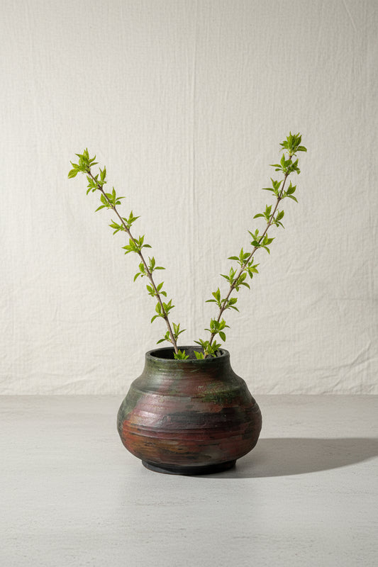 Raku vintage handcrafted ceramic vase signed by Billie Goldman, featuring multicolor glaze and artistic metallic finish — Hommes and Gardens, Home Decor Collection, Vases, Vintage Pottery, Raku Art, Handmade Ceramic Decor, Artistic Vase, Collectible Pottery Piece.