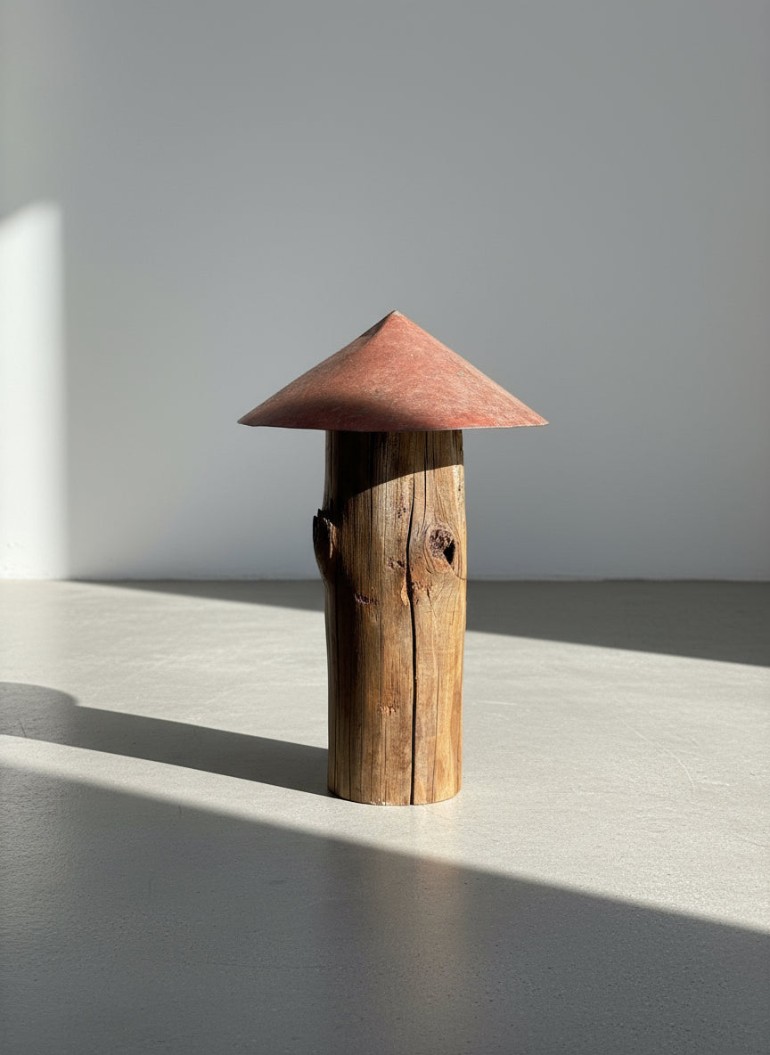 Rounded red-roof mushroom sculpture made from weathered wood with visible knots and cracks, highlighting rustic primitive folk art design and reclaimed craftsmanship — Hommes and Gardens, Home Decor Collection, landscape design, plant design, Landscape Architect, Interior Designer, Outdoor Living, Outdoor Decorations, Home Design, Luxury Design, Art, Furniture, Objects, Best Gifts, Nature, Backyard, Yard.