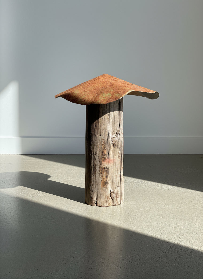 Rusted roof wooden post sculpture with a weathered mushroom-like form, handcrafted from aged wood and reclaimed metal to showcase rustic primitive folk art design — Hommes and Gardens, Home Decor Collection, landscape design, plant design, Landscape Architect, Interior Designer, Outdoor Living, Outdoor Decorations, Home Design, Luxury Design, Art, Furniture, Objects, Best Gifts, Nature, Backyard, Yard.