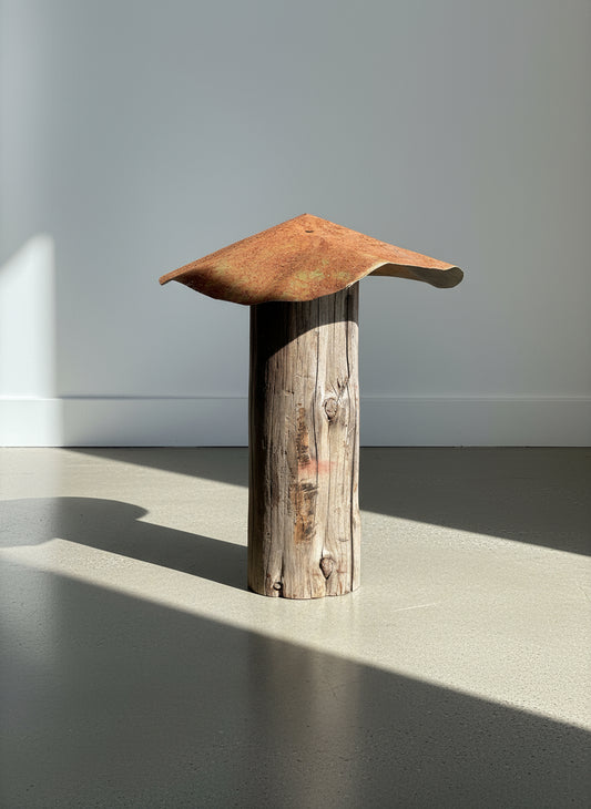 Rusted roof wooden post sculpture with a weathered mushroom-like form, handcrafted from aged wood and reclaimed metal to showcase rustic primitive folk art design — Hommes and Gardens, Home Decor Collection, landscape design, plant design, Landscape Architect, Interior Designer, Outdoor Living, Outdoor Decorations, Home Design, Luxury Design, Art, Furniture, Objects, Best Gifts, Nature, Backyard, Yard.