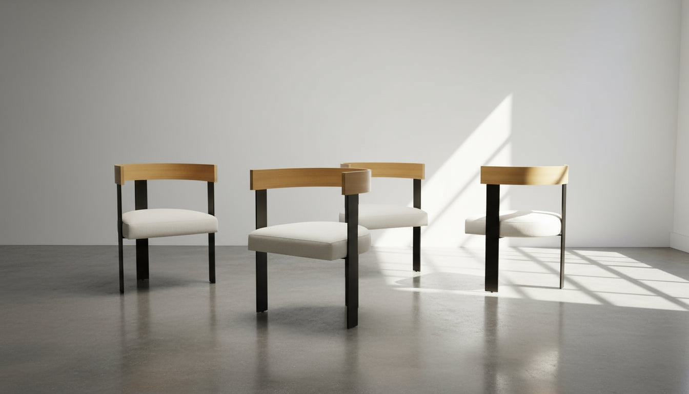 Set of four Mid-Century Modern and Art Deco style dining chairs with wooden backs, white upholstery, and brass frames — Hommes and Gardens, Furniture Collection, Chairs & Sofas, landscape design, plant design, Landscape Architect, Interior Designer, Outdoor Living, Outdoor Decorations, Home Design, Luxury Design, Art, Furniture, Objects, Best Gifts, Nature, Backyard, Yard.