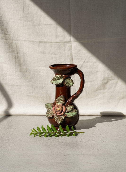 Small antique ceramic vase featuring intricate 3D floral motifs and delicate handles, vintage decorative accent — Hommes and Gardens, Pots + Vessels Collection, Home Decor, Decorative Vase, Ceramic Art, Vintage Pottery, Floral Design, Artistic Interiors.
